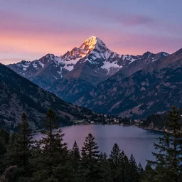 breathtaking himalayan landscape, pastel sunset, lake, pine trees, last light on mountain top, dreamy colors, photorealistic, landscape photography, beautiful, 4 k, trending on artstation