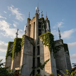 concrete architecture with moss and ivy growing all over, many antennas and towers, futuristic, late afternoon light, wispy clouds in a blue sky, by frank lloyd wright and greg rutkowski and ruan jia