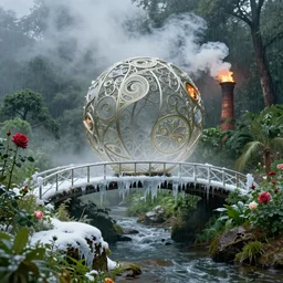 fractal wire ball, ornate, beautiful, atmosphere, vibe, mist, smoke, fire, chimney, rain, wet, pristine, puddles, melting, dripping, snow, creek, lush, ice, bridge, green, forest, roses, flowers, by stanley artgerm lau, greg rutkowski, thomas kindkade, alphonse mucha, loish, norman rockwell