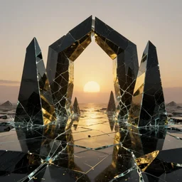 shattered glass stylized archipelago sunrise, cracked obsidian geometric fantasy art, splattering black gold iridescent bubbly underwater scenery, greg rutkowski, loish, rhads, makoto shinkai, lois van baarle, ilya kuvshinov