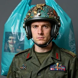 hyperrealistic detailed portrait of a military fighter pilot in ornate helmet circuitboardб in background turquoise plastic bag, rich deep colors, ultra detail, by francis bacon, james ginn, petra courtright, jenny saville, gerhard richter, zdzisaw beksinski, takato yamamoto. masterpiece, elegant fashion studio ighting, 3 5 mm