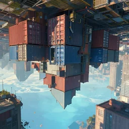 storage containers city, cyberpunk, invert gravity, by greg rutkowski, by jeremy mann, by francoise nielly,, 4 k, 8 k,