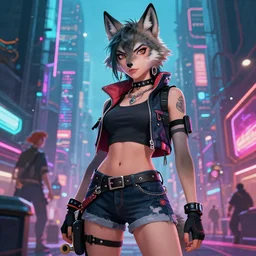 A portrait of a sexy female anthropomorphic wolf lady in skaterpunk clothes in a cyberpunk city, character art by Stanley Artgerm Lau, WLOP, Rossdraws, James Jean, Andrei Riabovitchev, Marc Simonetti, and Sakimichan, trending on artstation