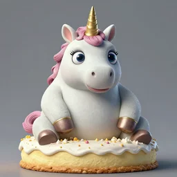 fat unicorn sitting in a cake, bulging eyes, intricate detail, realistic, trending on artstation, poster by mark ryden and nikolai lockertsen