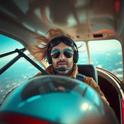 a man is flying on a small plane with flying hair and aviator glasses, hyper realistic, hyper detailed, cfg _ scale 3