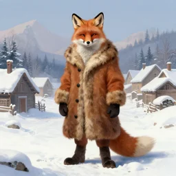 an anthropomorphic fox man wearing a long fur coat and mittens in a snowy village, character illustration by greg rutkowski, thomas kinkade, El Greco, Cynthia Sheppard