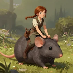 katniss everdeen riding a giant mouse, digital painting, artstation