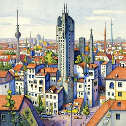 a futuristic city, drawn in the style of Hundertwasser