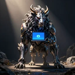 stylized cyberpunk minotaur with laptop logo