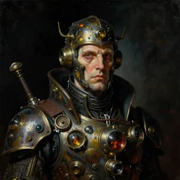 neoclassicist close - up sci - fi portrait of a steampunk overlord. dark black ominous background, glowing atmosphere. highly detailed science fiction horror painting by norman rockwell, frank frazetta, and syd mead. rich colors, high contrast, gloomy atmosphere. trending on artstation and behance.