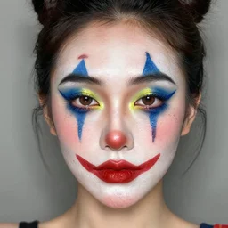 a woman with so much colored makeup and glitter caked onto her face that she looks like a clown