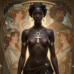 a stunning portrait of gaia by artgerm, flawless black skin, ankh necklace, backlit, tom bagshaw, alphonse mucha, donata giancola, mary jane ansell, atmosphere, realism, octane render, dof, hyperdetailed, 8 k