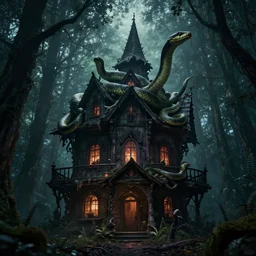 the scariest witches house, that has giant snakes on the roof, in a scary dark forest, epic scene, dark, scary, horror, frightening, fantasy, cinematic, redshift render, cgi, hyper - detailed, photo - bash, 8 k post - production, masterpiece, in the style of greg rutkowski