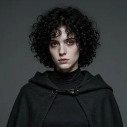 a shorter person. narrow features, with black curly hair. pale skin,wears a dark cloak over form fitting clothes, portrait featured on artstation