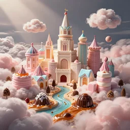 fabulous city made of candy, clouds made of cotton candy, buildings made of marshmallows, rivers made of caramel, mountains made of truffles, digital art