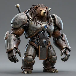 wild monstorous anthropomorphic biomechanical bear warrior wearing dreadlocks made of cables and wires cyberwares. huge, big, giant bear human hybrid, mecha animal, tall, detailed woodcut armor, terrifying and dangerous, scary, beautiful, steampunk monster amdroid hybrid art portrait, matte scifi fantasy painting, half robot half bear. DeviantArt Artstation, by Jason Felix by Steve Argyle by Tyler Jacobson by Peter Mohrbacher, cinematic lighting