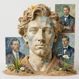 a sculpture portrait made of papper and sand and flowers and plants, painting part by wojciech siudmak, part by ilya repin, part by max ernst, part by norman rockwell, artstation