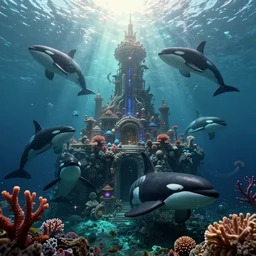 civilization underwater created by orcas, submerged city made with coral and rock by killer whales, epic fantasy sci fi illustration concept art bloom post process lens flare chromatic aberration vignette volumetric fog screen space ambient occlusion screen space reflections subsurface scattering film grain particles filmic tonemapping