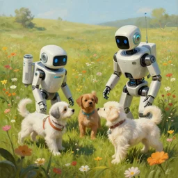 robot puppies playing in field of flowers a beautiful matte painting trending on artstation by beeple and simon stalenhag, science fiction, futuristic, hyperdetailed