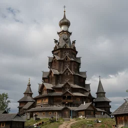 tall tower of sauron enclosed palisaded, with demon wooden churches, log houses built on hills, slavic, russian, slovenian, tartarian architecture, gray skies, hyper - detailed, artstation, cgsociety, 8 k