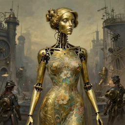 brass semi - mechanical woman | portrait | floral art nouveau dress | art by ardian syaf and moebius | in steampunk cityscape