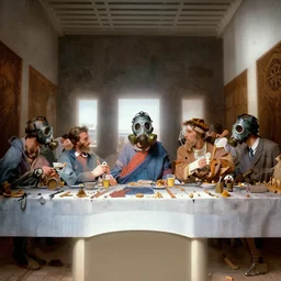 the last supper in gas masks, hyperrealistic, volumetric golden dappled dynamic lighting, highly detailed, sharp focus, by pablo poliakov, michael komarck