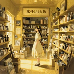 a girl in country dress looking around interior of a art supply shop, wide angle, light cadmium yellow color scheme, natural lighting, intricate details, cozy atmosphere, matte painting, illustration, hayao miyazaki