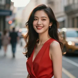 blurry photo portrait of a smiling pretty woman in a red sleeveless dress, out of focus, city street scene