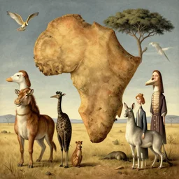 animals of africa surreal illustration by jerico santander, heidi taillefer, mark ryden, giorgio de chirico, paul delvaux, hieranonymus bosch, alexandra gallagher, michael cheval, yves tanguy, lauren marx, jake messing, hannah yata, caitlin hacket