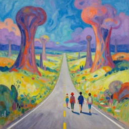 Why am I me when I could have been anyone else? Introspective meandering, a vibrant gouache fantasy painting, walking along the endless road through an unusual biome. Natural palette, Unearthly landscape. A small traveling group of friends in a dream-like world.