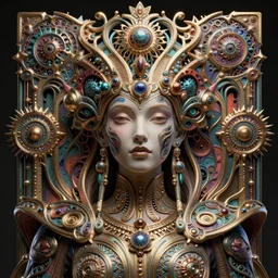 artstation futuristic 3 d model of hyper - detailed!!! beautiful groovypunk queen of fractal magma in full regal attire. face portrait. art nouveau!!!, symbolist, baroque, giant fractal details. horizontal symmetry by zdzisław beksinski, iris van herpen, mandelbrot and alphonse mucha. hyper - real, beautiful