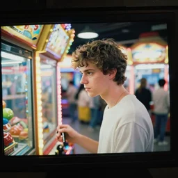 1 9 9 0 s photo, screen photo of future guy, in the amusement arcade,