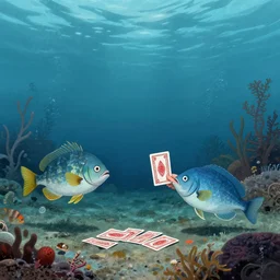 two fishes playing cards at the bottom of the sea, lowbrow surrealistic, in the style of mark ryden,