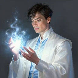 character concept portrait of Cillian Murphy as a mage healer enchanting a light spell. Magic aura, white silk vests with blue details, elegant. digital painting, concept art, smooth, sharp focus, illustration, from Metal Gear, by Ruan Jia and Mandy Jurgens and William-Adolphe Bouguereau, Artgerm