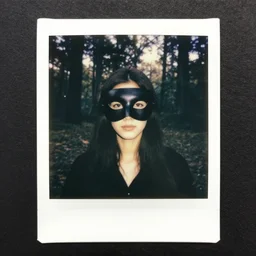 polaroid vintage of a woman with black black mask in the forest, occult,