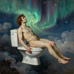 a detailed profile oil painting of a toilet men, levitating over it, aurora lighting clouds and stars by beksinski carl spitzweg and tuomas korpi. baroque elements. baroque element. intricate artwork by moebius. Trending on artstation. 8k