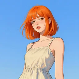 a cool girl with orange hair, a 7 8 4 3 hairstyle, wearing a dress, highly detailed, stylized, portrait, concept art, vector line art, blue sky background, illustration by artgerm, artstation