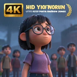 A young girl with glasses looking to a rainy sky, designed by Peter Andrew Jones and Pixar, photorealistic, 3d render, award winning render, unreal engine, octane render, studio lighting, 8k, hd, Dustin Nguyen, Akihiko Yoshida, Greg Tocchini, Greg Rutkowski, Cliff Chiang, PIXAR