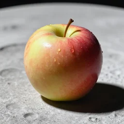 an apple is sitting on the surface of the moon, photorealistic