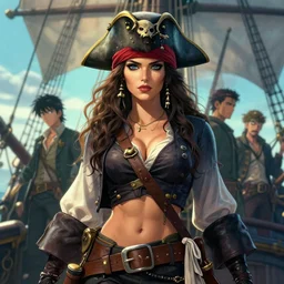 beautiful portrait of a female pirate captain on a pirate ship. exposed midriff and muscular abs. character design by charlie bowater, ross tran, artgerm, and makoto shinkai, detailed, soft lighting, rendered in octane