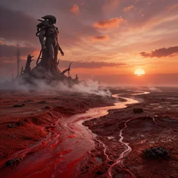 alien landscape, big veins, red rivers, prometheus, giger, by greg rutkowski, sunset, steam, 4 k, hdr