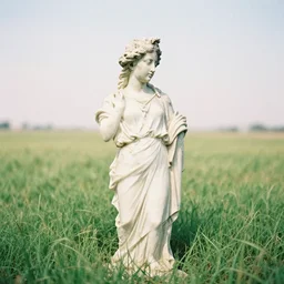 a marble statue stained with watercolor in a field of grass, film photo, soft lighting album cover, nostalgia, gradient
