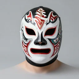 medium shot, kodachromatic mexican wrestling masks on head display, artistic tribal patterns