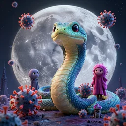 Cute Coronavirus Creatures!, Infernal Nymph!!!, The Graveyard, cinematic, hyper realism, high detail, octane render, unreal engine, 8k, vibrant color, the inhabitants of the Moon resembled large serpents with a spongy, porous skin, Integrating with Technology!!, by dom qwek and andrea chiampo