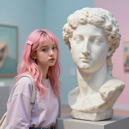 a young beautiful woman made from marble, face in the style of constantin brancusi : 2, wes anderson background, casual modern clothing, artgem, portrait, boris valejo, kawaii hairstyle, pastel colors, colorful, octane render, digital painting,, hyperdetails, contemporary sculpture, unreal engine, museum piece, dynamic light,