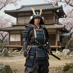 hyperrealistic portrait painting of a highly detailed photorealistical samurai, standing in front of traditional Japanese hut, cherry blossom trees outside, Feng Shui Style, cinematic concept art, art station, award winning art, 8k, octane render, unreal engine 5