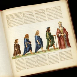 an open page of the voynich manuscript, depicting a digital painting of human evolution by da vinci, paper texture, extremely detailed, professional, hand written notes, epic, full colors