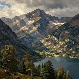 mountains, trees, and lake, by bouguereau
