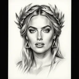 realism tattoo sketch of margot robbie as a beautiful greek goddess aphrodite with piercing eyes wearing a laurel wreath and triangle earrings, in the style of greg rutkowski, amazing detail