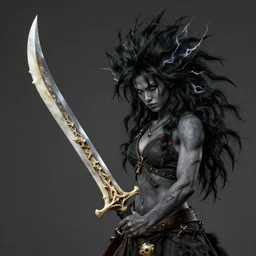 realistic art style, warrior girl, wild spiky black saiyan hair, long spiky hair, electrified hair, holding scimitar made of bone, scimitar, sword, jagged sword, curved sword, orkish sword, colorized, gray skin, hyper - detailed, primeval fantasy, prehistoric fantasy, art by jacques - louis david
